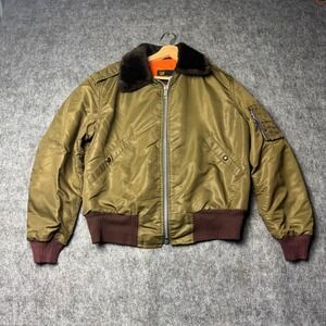 Vintage Weathercaster MA-1 Bomber Jacket USA Talon Zip Fur Collar Olive Green